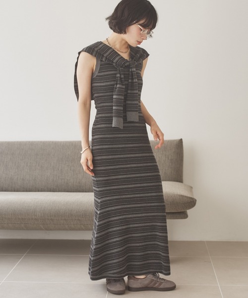 LAULEN(ローレン)の「shawl random border one piece /ショールランダムボーダーワンピース(ワンピース・レディース・ブラック/チャコールグレー・FREE)」の2枚目の写真