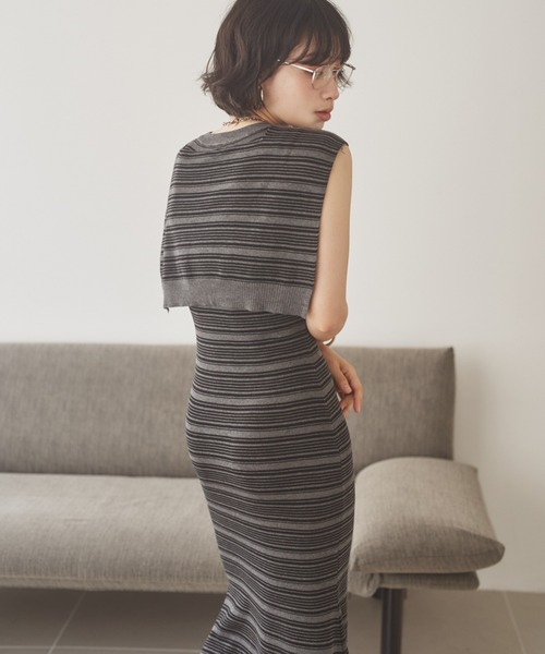 LAULEN(ローレン)の「shawl random border one piece /ショールランダムボーダーワンピース(ワンピース・レディース・ブラック/チャコールグレー・FREE)」の6枚目の写真