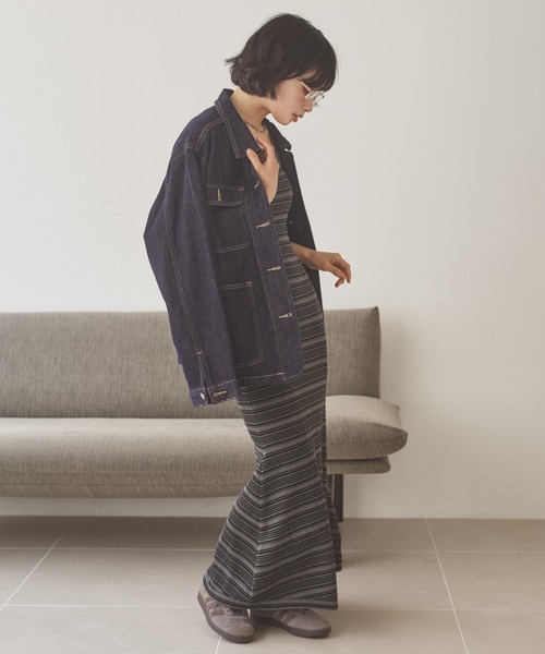 LAULEN(ローレン)の「shawl random border one piece /ショールランダムボーダーワンピース(ワンピース・レディース・ブラック/チャコールグレー・FREE)」の7枚目の写真