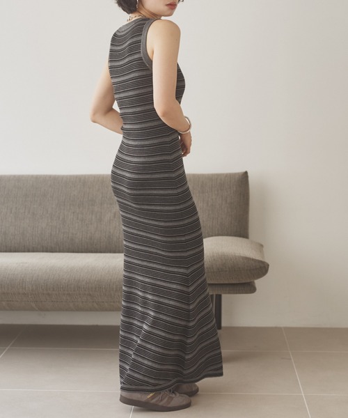LAULEN(ローレン)の「shawl random border one piece /ショールランダムボーダーワンピース(ワンピース・レディース・ブラック/チャコールグレー・FREE)」の10枚目の写真