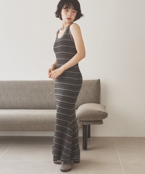 LAULEN(ローレン)の「shawl random border one piece /ショールランダムボーダーワンピース(ワンピース・レディース・ブラック/チャコールグレー・FREE)」の11枚目の写真