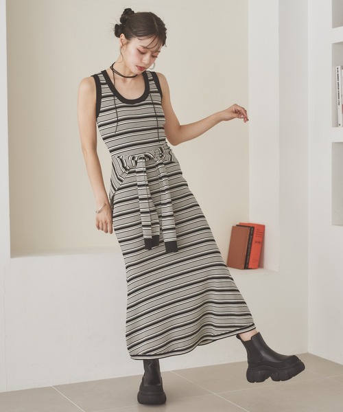 LAULEN(ローレン)の「shawl random border one piece /ショールランダムボーダーワンピース(ワンピース・レディース・ブラック/チャコールグレー・FREE)」の13枚目の写真