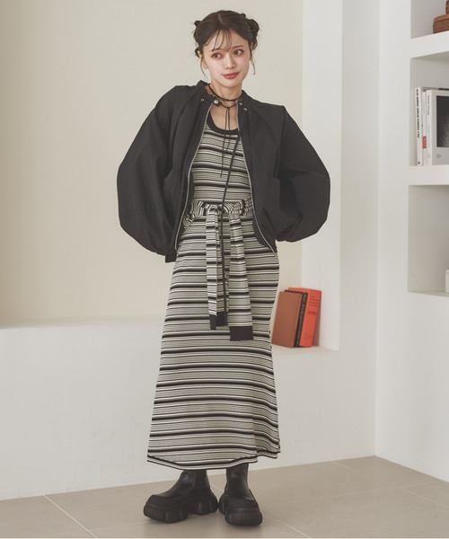 LAULEN(ローレン)の「shawl random border one piece /ショールランダムボーダーワンピース(ワンピース・レディース・ブラック/チャコールグレー・FREE)」の18枚目の写真