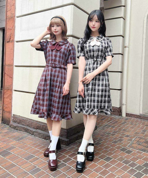 F i.n.t(フィント)の「タイ付きダブルカラーチェックワンピース/fint フィント(ワンピース・レディース・ブラック/ボルドー・FREE)」の21枚目の写真