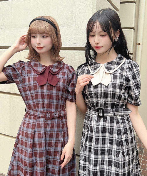 F i.n.t(フィント)の「タイ付きダブルカラーチェックワンピース/fint フィント(ワンピース・レディース・ブラック/ボルドー・FREE)」の22枚目の写真