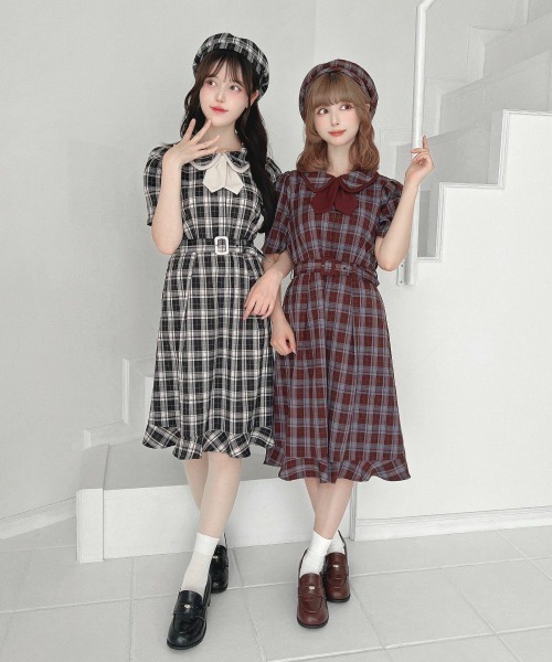セール】タイ付きダブルカラーチェックワンピース/fint フィント