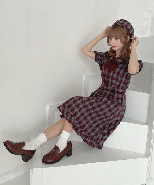 F i.n.t(フィント)の「タイ付きダブルカラーチェックワンピース/fint フィント(ワンピース・レディース・ブラック/ボルドー・FREE)」の20枚目の写真