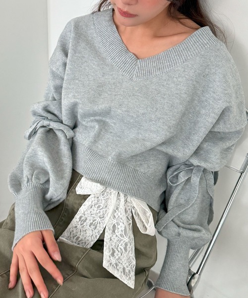 セール】袖リボンVネックショート丈ニット（ニット/セーター）｜powwa