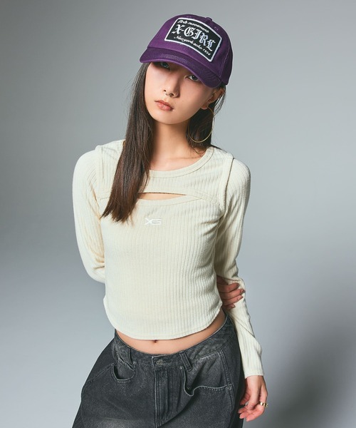 X-girl(エックスガール)の「LOGO PATCH 6PANEL CAP(キャップ・レディース・ブラック/カモフラージュ/パープル・ONE SIZE)」の5枚目の写真