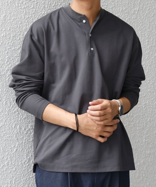 ヘンリーネックTシャツ♡グレー SHIPS any:〈抗菌防臭/遮熱等〉マルチファンクション ヘンリーネック T