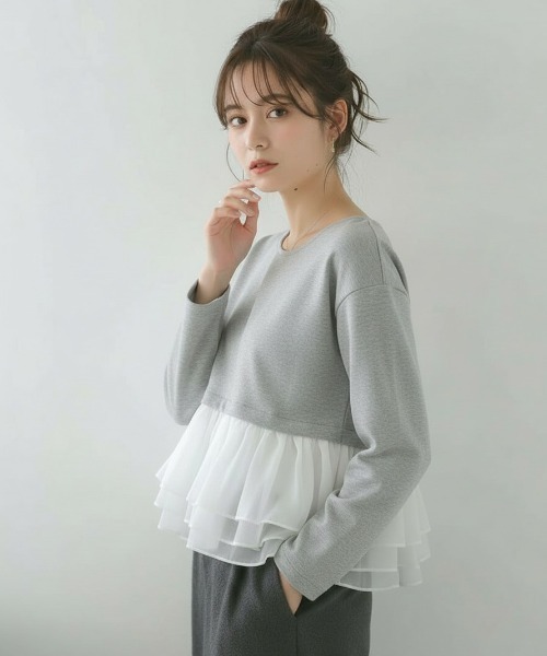 Lateru(ラテル)の「長袖トレーナー フリル レイヤード スウェット(Tシャツ/カットソー・レディース・グレー/ホワイト/ブラック・フリー)」の3枚目の写真