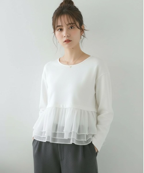 Lateru(ラテル)の「長袖トレーナー フリル レイヤード スウェット(Tシャツ/カットソー・レディース・グレー/ホワイト/ブラック・フリー)」の2枚目の写真