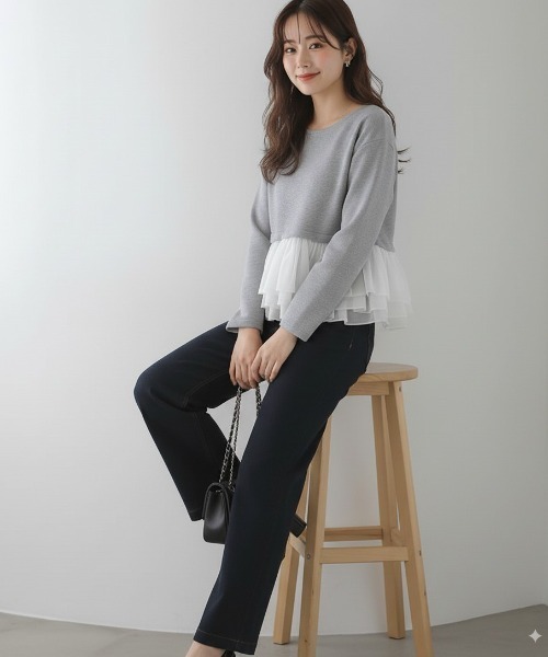 Lateru(ラテル)の「長袖トレーナー フリル レイヤード スウェット(Tシャツ/カットソー・レディース・グレー/ホワイト/ブラック・フリー)」の11枚目の写真