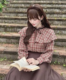 【セットアップ対応】ケープ付きチェックブラウス