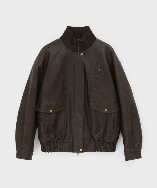 ベージュ ハイネック レザージャケット セール】[MADE] クルジェハイネックレザージャンパー（ライダース