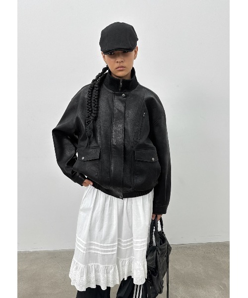 セール】[MADE] クルジェハイネックレザージャンパー（ライダース