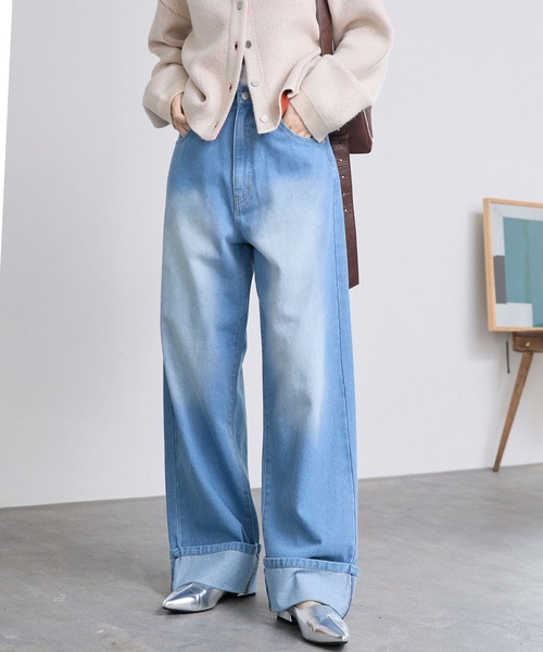 <速乾・ウォッシャブル>ヴィンテージライク ロールアップ ハイウエストルーズデニムパンツ