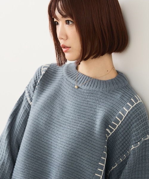 fort point(フォーポイント)の「【C-FORT POINT/フォートポイント】配色ブランケットステッチプルオーバー(ニット/セーター・レディース・ブラック/アイボリー/オレンジ/マスタード/ダークブルー・FREE)」の3枚目の写真