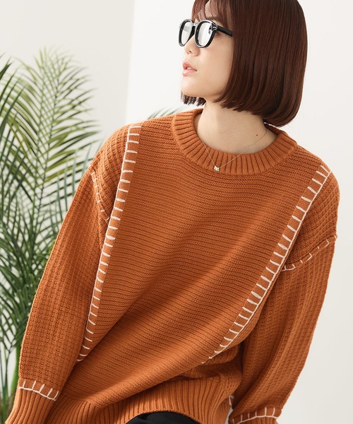 fort point(フォーポイント)の「【C-FORT POINT/フォートポイント】配色ブランケットステッチプルオーバー(ニット/セーター・レディース・ブラック/アイボリー/オレンジ/マスタード/ダークブルー・FREE)」の5枚目の写真