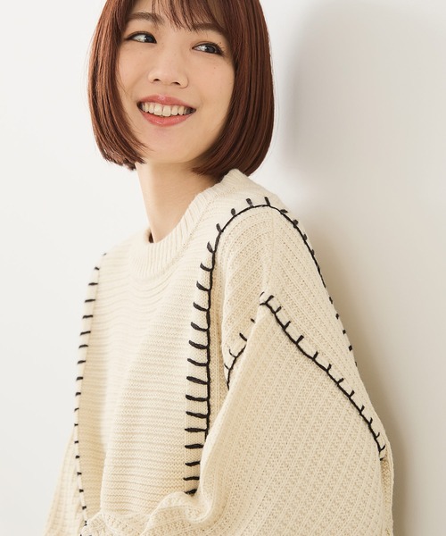 fort point(フォーポイント)の「【C-FORT POINT/フォートポイント】配色ブランケットステッチプルオーバー(ニット/セーター・レディース・ブラック/アイボリー/オレンジ/マスタード/ダークブルー・FREE)」の2枚目の写真