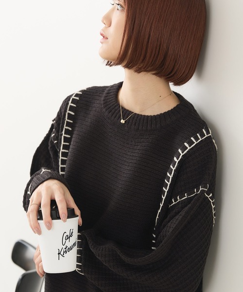 fort point(フォーポイント)の「【C-FORT POINT/フォートポイント】配色ブランケットステッチプルオーバー(ニット/セーター・レディース・ブラック/アイボリー/オレンジ/マスタード/ダークブルー・FREE)」の1枚目の写真
