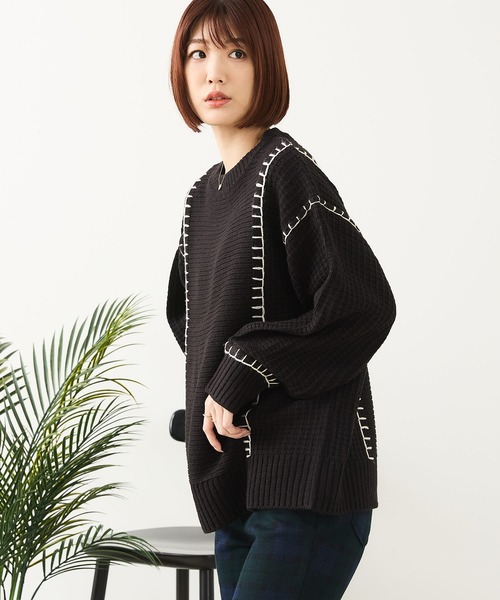 fort point(フォーポイント)の「【C-FORT POINT/フォートポイント】配色ブランケットステッチプルオーバー(ニット/セーター・レディース・ブラック/アイボリー/オレンジ/マスタード/ダークブルー・FREE)」の22枚目の写真