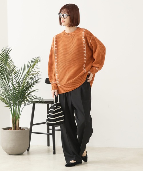 fort point(フォーポイント)の「【C-FORT POINT/フォートポイント】配色ブランケットステッチプルオーバー(ニット/セーター・レディース・ブラック/アイボリー/オレンジ/マスタード/ダークブルー・FREE)」の14枚目の写真