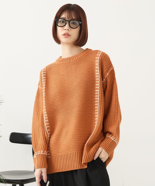 fort point(フォーポイント)の「【C-FORT POINT/フォートポイント】配色ブランケットステッチプルオーバー(ニット/セーター・レディース・ブラック/アイボリー/オレンジ/マスタード/ダークブルー・FREE)」の6枚目の写真
