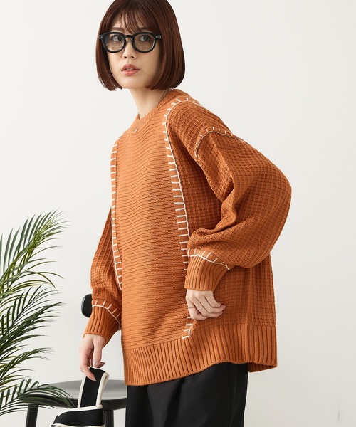 fort point(フォーポイント)の「【C-FORT POINT/フォートポイント】配色ブランケットステッチプルオーバー(ニット/セーター・レディース・ブラック/アイボリー/オレンジ/マスタード/ダークブルー・FREE)」の7枚目の写真