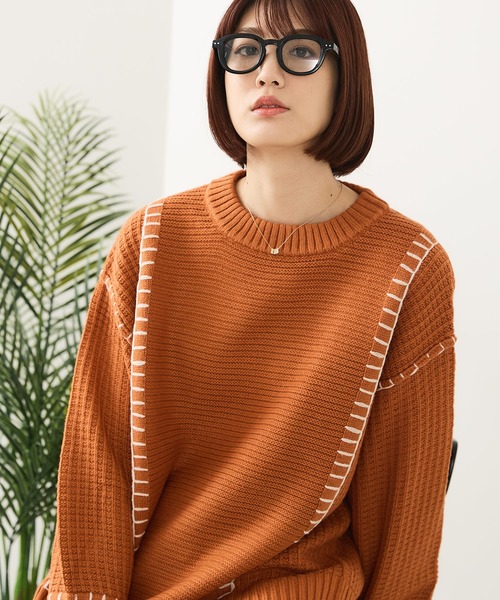 fort point(フォーポイント)の「【C-FORT POINT/フォートポイント】配色ブランケットステッチプルオーバー(ニット/セーター・レディース・ブラック/アイボリー/オレンジ/マスタード/ダークブルー・FREE)」の8枚目の写真