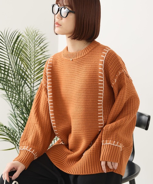 fort point(フォーポイント)の「【C-FORT POINT/フォートポイント】配色ブランケットステッチプルオーバー(ニット/セーター・レディース・ブラック/アイボリー/オレンジ/マスタード/ダークブルー・FREE)」の9枚目の写真