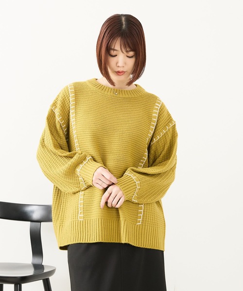 fort point(フォーポイント)の「【C-FORT POINT/フォートポイント】配色ブランケットステッチプルオーバー(ニット/セーター・レディース・ブラック/アイボリー/オレンジ/マスタード/ダークブルー・FREE)」の10枚目の写真