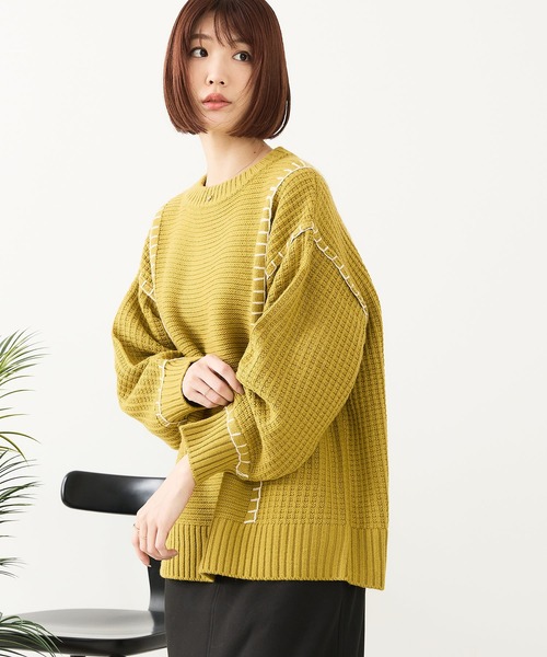 fort point(フォーポイント)の「【C-FORT POINT/フォートポイント】配色ブランケットステッチプルオーバー(ニット/セーター・レディース・ブラック/アイボリー/オレンジ/マスタード/ダークブルー・FREE)」の11枚目の写真