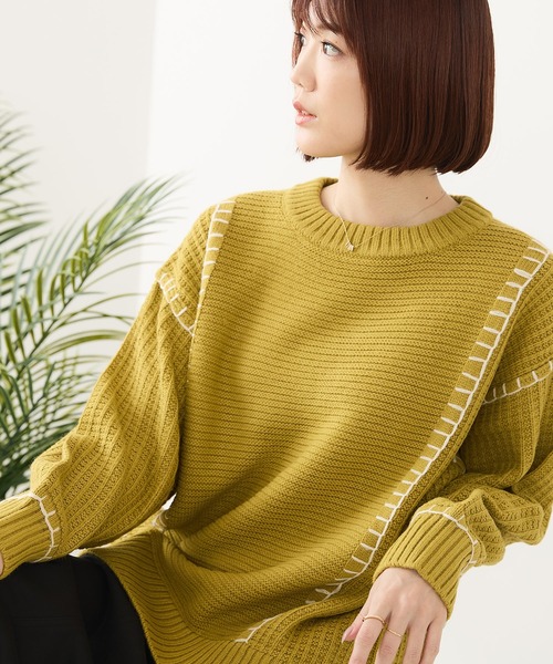 fort point(フォーポイント)の「【C-FORT POINT/フォートポイント】配色ブランケットステッチプルオーバー(ニット/セーター・レディース・ブラック/アイボリー/オレンジ/マスタード/ダークブルー・FREE)」の12枚目の写真