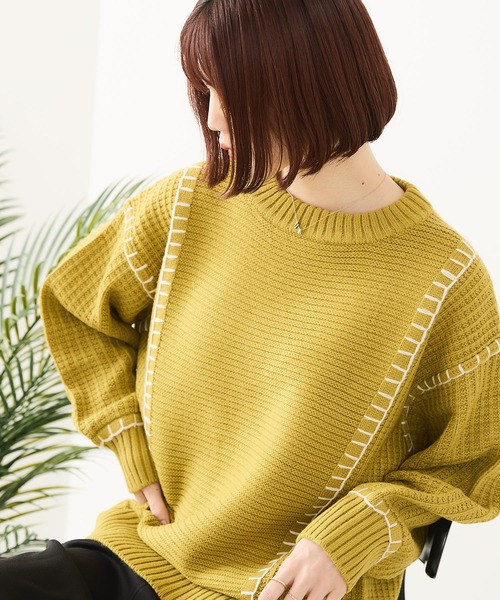 fort point(フォーポイント)の「【C-FORT POINT/フォートポイント】配色ブランケットステッチプルオーバー(ニット/セーター・レディース・ブラック/アイボリー/オレンジ/マスタード/ダークブルー・FREE)」の13枚目の写真