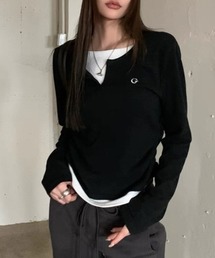 レイヤード風 Vネック ロゴ ロングTシャツ