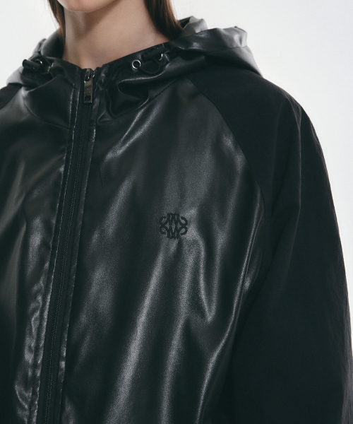 NICK&NICOLE(ニックアンドニコール)の「RAGLAN HOODY LEATHER JUMPER_BLACK(ライダースジャケット・レディース・その他・FREE)」の2枚目の写真