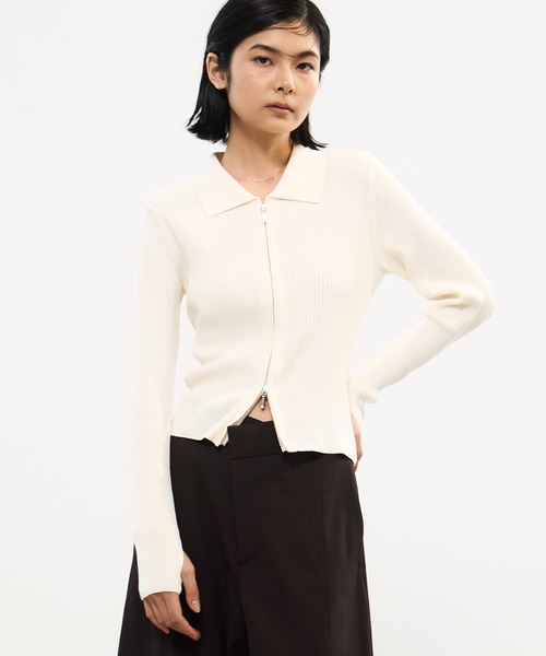 STUDIOUS(ステュディオス)の「【STUDIOUS/ステュディオス】ZIP UP POLO KNIT/ジップアップポロニット(ニット/セーター・レディース・ホワイト/ブラック・FREE)」の6枚目の写真