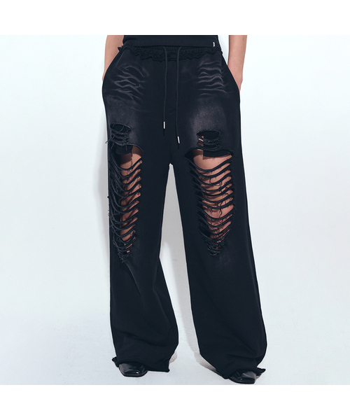 DESTROYED COTTON LOUNGE PANTS_BLACK