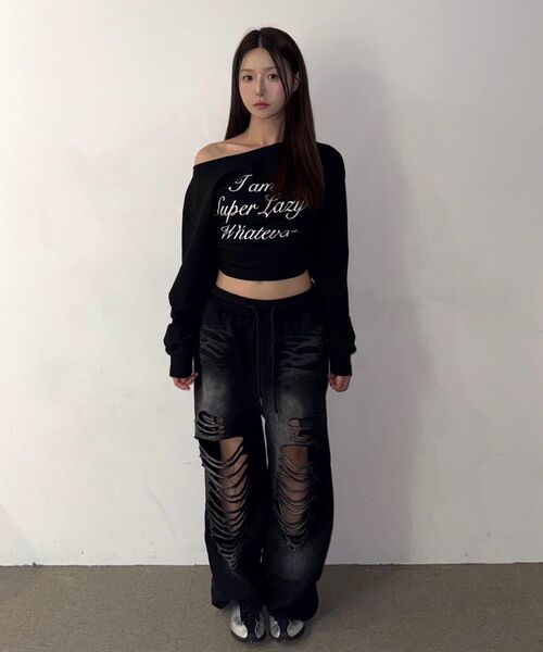 NICK&NICOLE(ニックアンドニコール)の「DESTROYED COTTON LOUNGE PANTS_BLACK(スウェットパンツ・レディース・ブラック・FREE)」の3枚目の写真