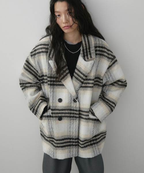 Aunt Marie's（アントマリーズ）の「チェックシャギーミドルコート（チェスターコート・レディース・アイボリー・FREE）」の3枚目の写真