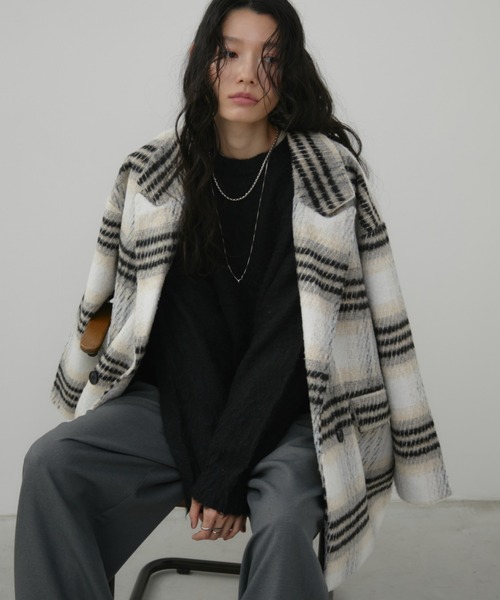 Aunt Marie's（アントマリーズ）の「チェックシャギーミドルコート（チェスターコート・レディース・アイボリー・FREE）」の6枚目の写真