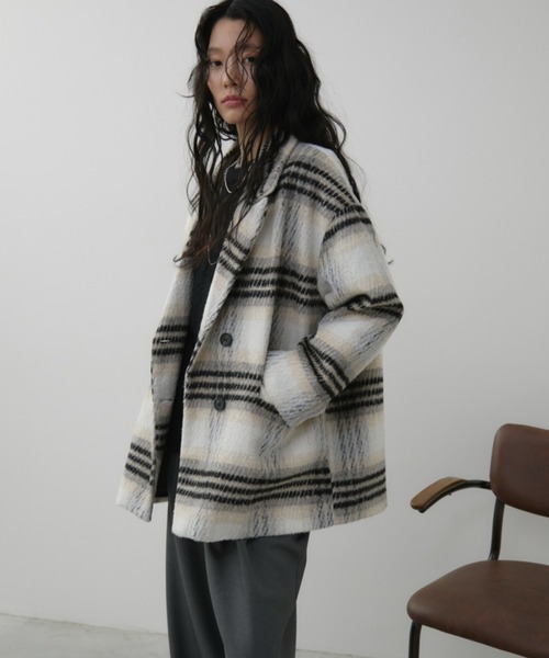 Aunt Marie's（アントマリーズ）の「チェックシャギーミドルコート（チェスターコート・レディース・アイボリー・FREE）」の4枚目の写真