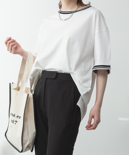 aity(アイティ)の「配色袖リブライン入りTシャツ 夏服(Tシャツ/カットソー・レディース・ブラック/ホワイト・M~L/LL~3L/4L~5L)」の3枚目の写真