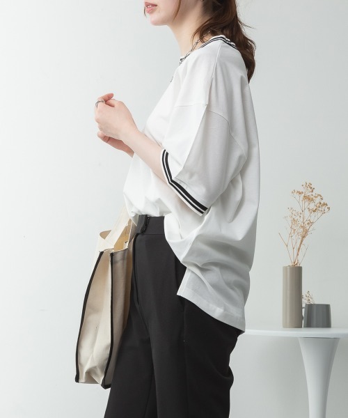 aity(アイティ)の「配色袖リブライン入りTシャツ 夏服(Tシャツ/カットソー・レディース・ブラック/ホワイト・M~L/LL~3L/4L~5L)」の5枚目の写真