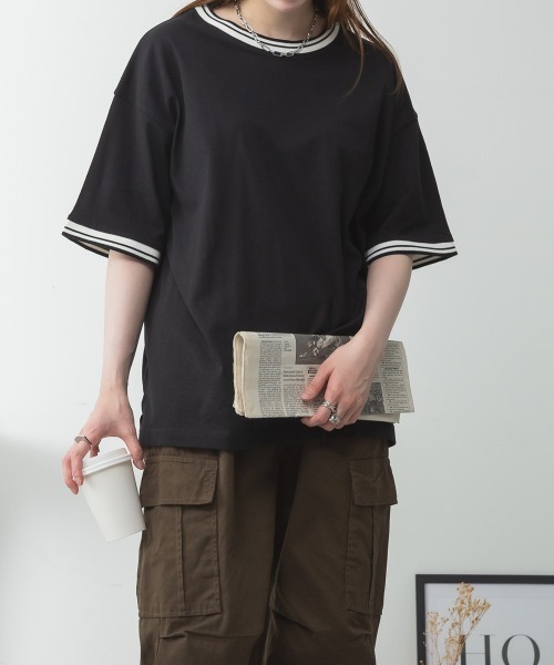 aity(アイティ)の「配色袖リブライン入りTシャツ 夏服(Tシャツ/カットソー・レディース・ブラック/ホワイト・M~L/LL~3L/4L~5L)」の11枚目の写真