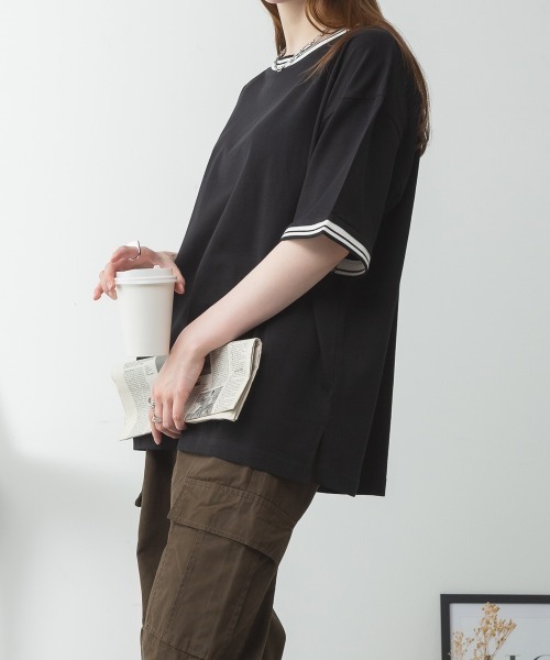aity(アイティ)の「配色袖リブライン入りTシャツ 夏服(Tシャツ/カットソー・レディース・ブラック/ホワイト・M~L/LL~3L/4L~5L)」の12枚目の写真