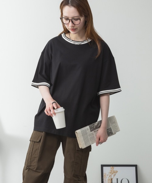 aity(アイティ)の「配色袖リブライン入りTシャツ 夏服(Tシャツ/カットソー・レディース・ブラック/ホワイト・M~L/LL~3L/4L~5L)」の13枚目の写真
