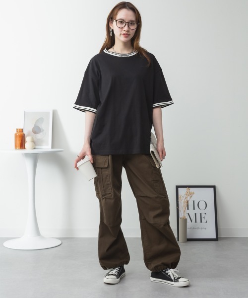 aity(アイティ)の「配色袖リブライン入りTシャツ 夏服(Tシャツ/カットソー・レディース・ブラック/ホワイト・M~L/LL~3L/4L~5L)」の8枚目の写真