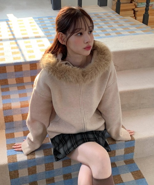 着用動画あり・2WAY】ファーフードジップアップニットカーディガン